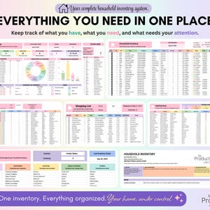 Complete Household Inventory Spreadsheet showing the dashboard, master inventory, restock list, shopping list, expiring soon tracker, setup page and instructions in one organized system.