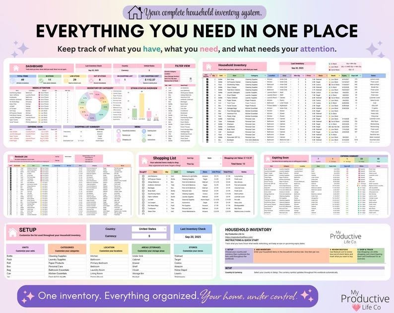Complete Household Inventory Spreadsheet showing the dashboard, master inventory, restock list, shopping list, expiring soon tracker, setup page and instructions in one organized system.
