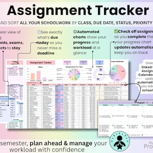 Assignment Tracker tab listing assignments, exams, and projects with due dates and statuses.
