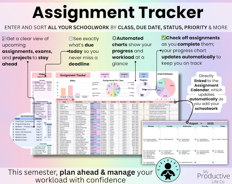 Assignment Tracker tab listing assignments, exams, and projects with due dates and statuses.