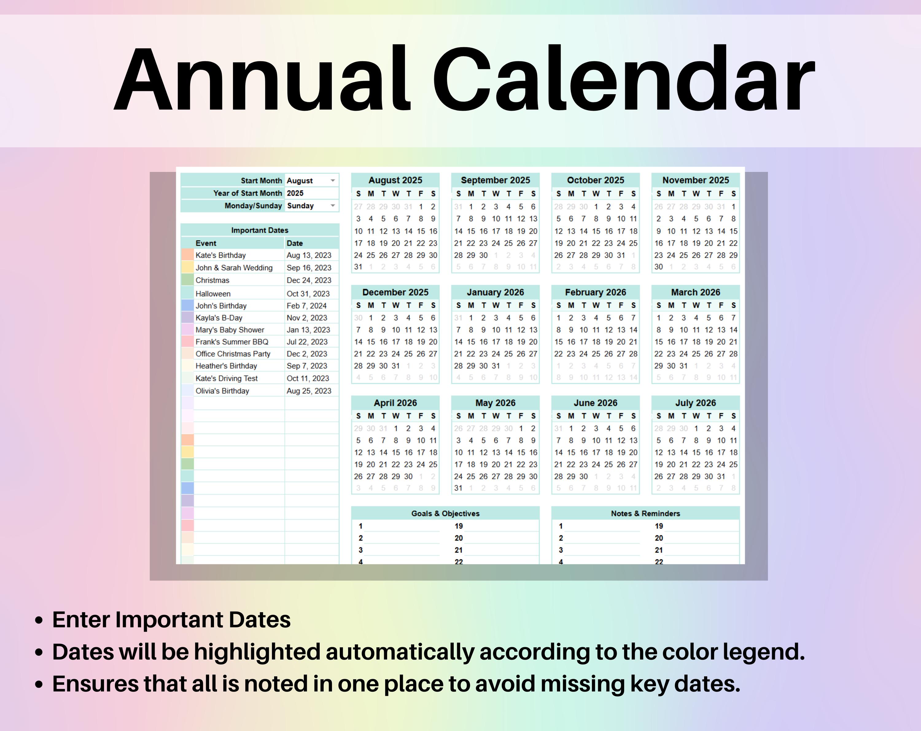 Editable Monthly Calendar Spreadsheet Google Sheets & Excel | Undated ...