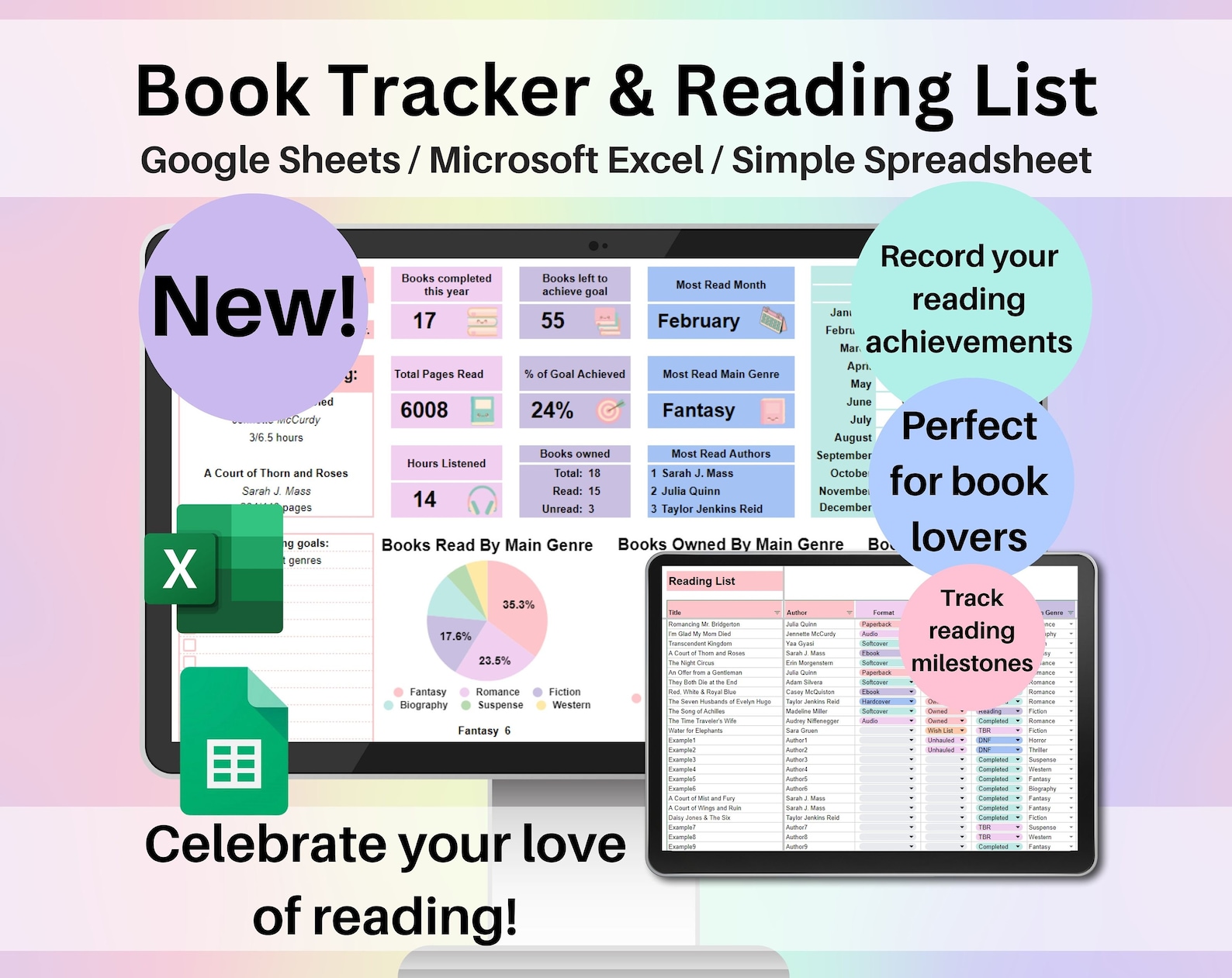 Image advertising a Google Sheets or Microsoft Excel template for tracking reading progress. Includes charts, a reading list, and bold labels such as 'New!' and 'Perfect for book lovers'. The layout is colorful, featuring pie charts showing books read by genre and reading goals.