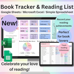Foglio di calcolo per il monitoraggio dei libri e l'elenco delle letture, Google Sheets, Excel, monitoraggio delle serie di libri, registro di lettura, inventario del diario, pianificatore digitale da leggere