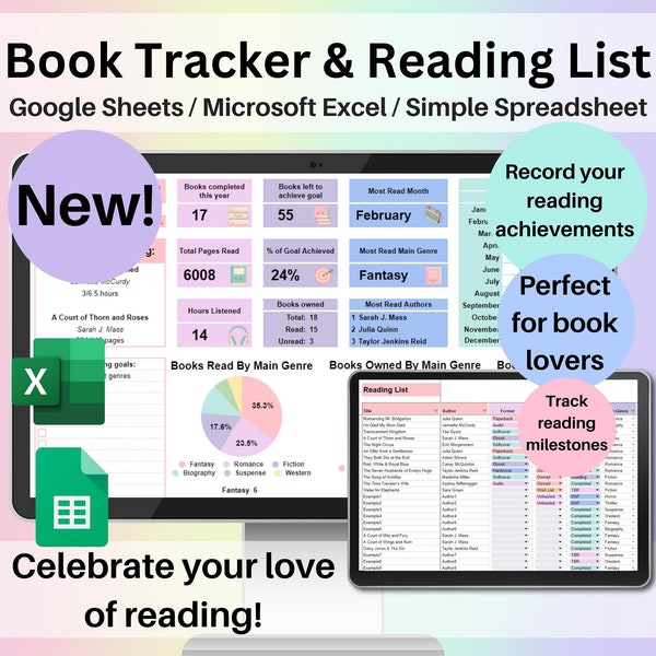 Buch Tracker & Leseliste Tabelle Google Sheets Excel Buchserien-Tracker Leselog Journal Bestand zum Lesen Digitaler Planer