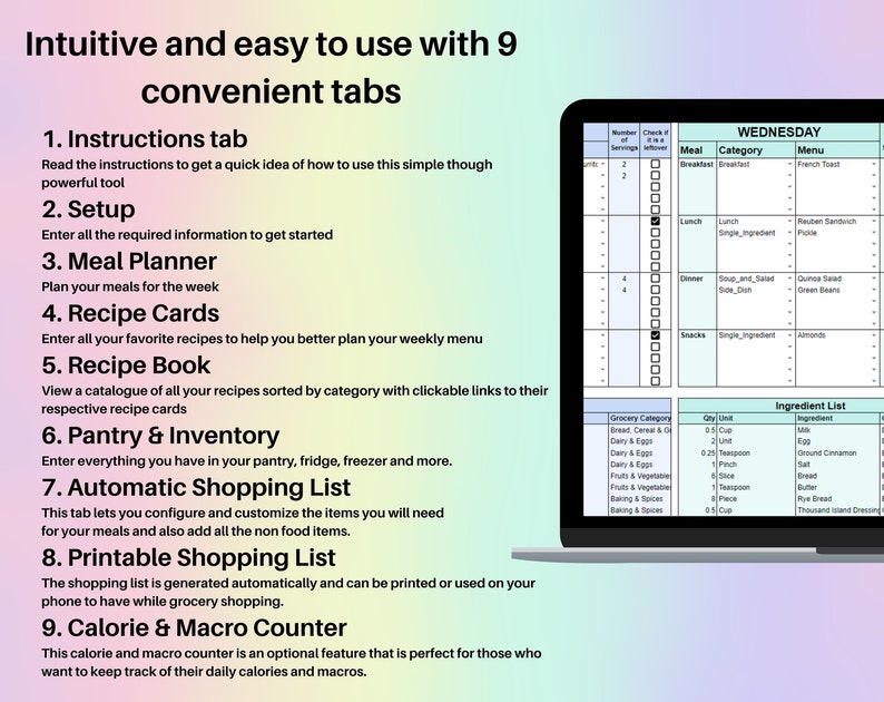 Weekly Meal Planner Spreadsheet Google Sheets Excel Recipe Etsy