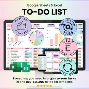 To-Do List Spreadsheet Google Sheets & Excel | Task Tracker Template Automated Daily and Weekly Planner Monthly Calendar Checklist Manager