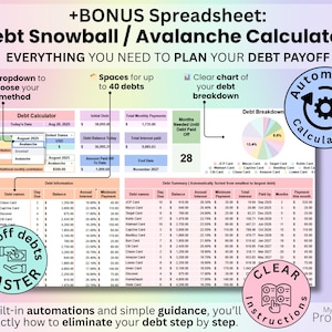 Bonus debt snowball and avalanche spreadsheet for Google Sheets and Excel showing debt repayment plan, balances, and payoff timeline.