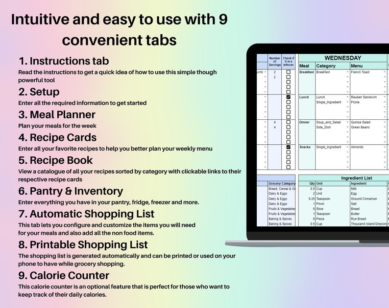 Weekly Meal Planner Spreadsheet Google Sheets Recipe Builder Etsy UK