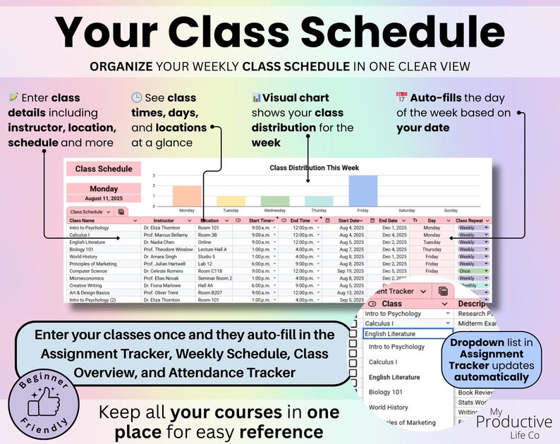 Your Class Schedule tab with weekly view of courses, times, and locations in a clear grid layout.