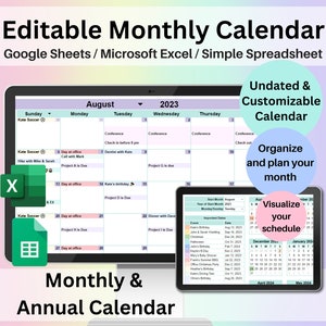 Editable Monthly Calendar Google Sheets Excel Spreadsheet Undated Task Planner Customizable Digital Template To Do List Blank Calendar