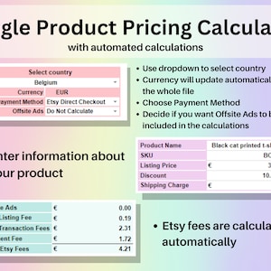 Etsy Fees & Profit Calculator Product Pricing Excel Google Sheets Template Automated Small Business Spreadsheet Single Multiple Item Markup image 3