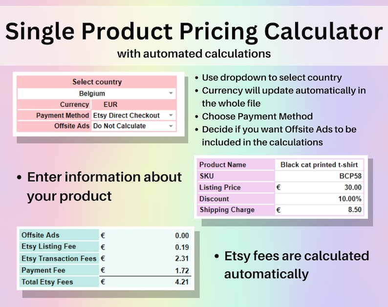 Etsy Fees & Profit Calculator Product Pricing Excel Google Sheets Template Automated Small Business Spreadsheet Single Multiple Item Markup image 3
