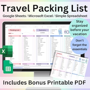 Paklijstsjabloon Spreadsheet bewerkbare Google Spreadsheets Excel pdf Afdrukbare Pre-vakantie takenlijst Checklist reisinpakken Reisplanner