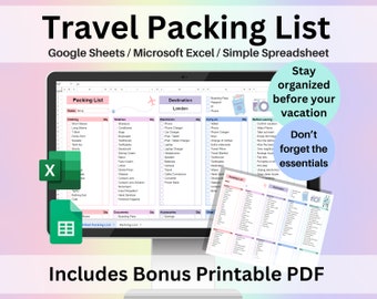 Travel Packing List Template Google Sheets & Excel + Printable PDF | Vacation Checklist, Pre-Trip To Do List, Luggage Planner