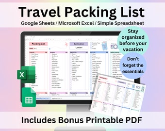 Plantilla de lista de equipaje Hoja de cálculo Hojas de cálculo editables Excel PDF Imprimible Lista de tareas previas a las vacaciones Lista de verificación de equipaje de viaje Planificador de viajes