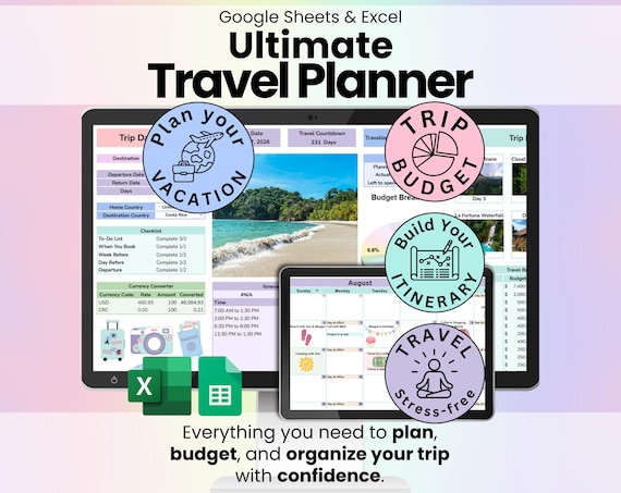 Travel Planner Spreadsheet Google Sheets & Excel | Trip Budget, Itinerary, Packing List, Reservations and Vacation Planner