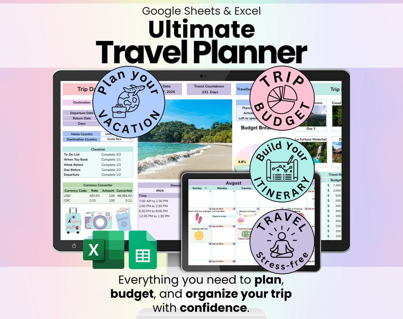 Ultimate Travel Planner Spreadsheet thumbnail highlighting core features: plan your entire trip, track your budget, organize reservations, create daily itineraries, and stay fully organized in one digital planner.