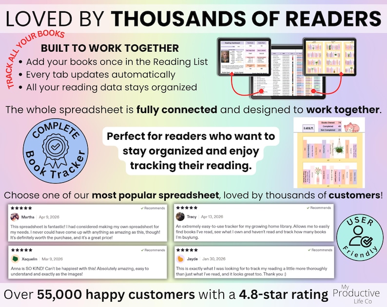 Best-selling book tracker with customer reviews, highlighting a fully connected system where books are entered once and all tabs update automatically. Features include tracking all books, automatic updates, organized data, and a personalized reading experience designed for readers who want to stay organized and enjoy tracking their books.