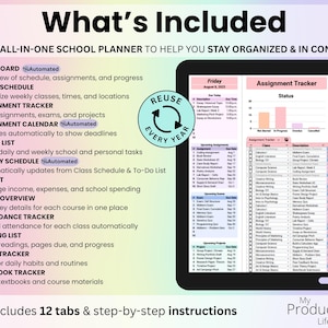 What’s Included: Slide showing everything in the Student Planner with 13 tabs for classes, assignments, budget, and more.