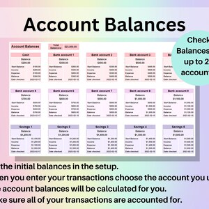 Puede incluir: Un rastreador de presupuesto imprimible con un esquema de color rosa y morado. El rastreador incluye secciones para efectivo, cuentas bancarias y cuentas de ahorro. El texto "Saldos de cuentas" est&aacute; en la parte superior de la p&aacute;gina. El texto "Verificar saldos para hasta 20 cuentas." est&aacute; en un c&iacute;rculo azul claro en la parte superior derecha de la p&aacute;gina.