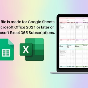 Puede incluir: Una pantalla de computadora port&aacute;til que muestra una hoja de c&aacute;lculo con un calendario colorido y datos. El texto "This file is made for Google Sheets & Microsoft Office 2021 or later or Microsoft Excel 365 Subscriptions." se muestra encima de la hoja de c&aacute;lculo. Los logotipos de Google Sheets y Microsoft Excel se muestran a la izquierda y a la derecha de la pantalla.