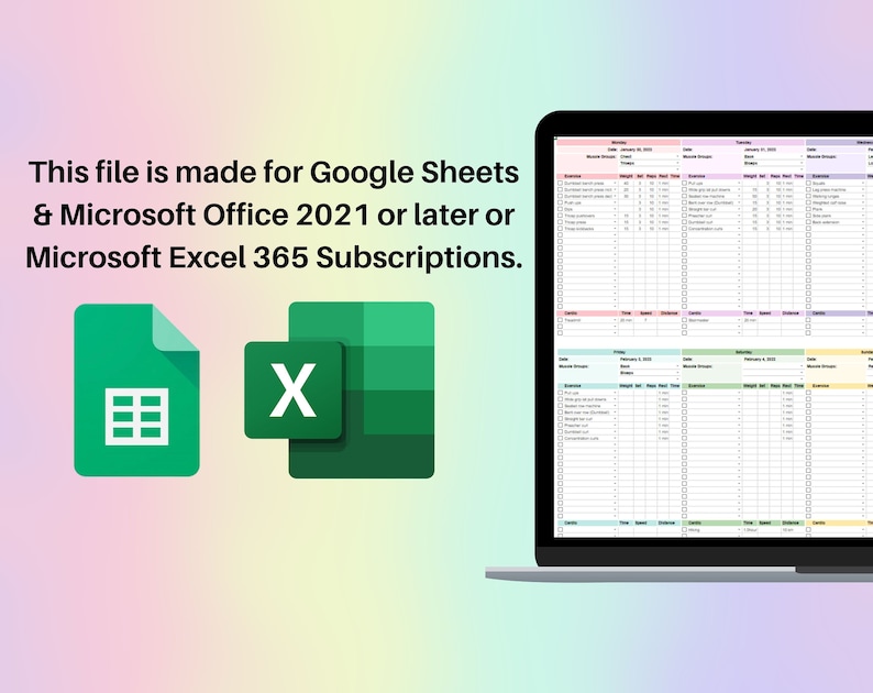 Puede incluir: Una pantalla de computadora port&aacute;til que muestra una hoja de c&aacute;lculo con un calendario colorido y datos. El texto "This file is made for Google Sheets & Microsoft Office 2021 or later or Microsoft Excel 365 Subscriptions." se muestra encima de la hoja de c&aacute;lculo. Los logotipos de Google Sheets y Microsoft Excel se muestran a la izquierda y a la derecha de la pantalla.