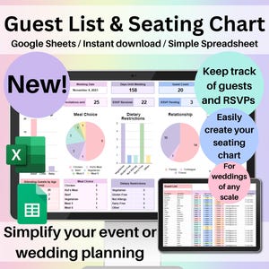 May include: Digital wedding planning spreadsheet with the text "Guest List & Seating Chart." The image shows a tablet and a phone displaying charts and graphs. Text includes "Keep track of guests and RSVPs" and "Simplify your event or wedding planning."