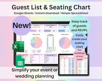 Wedding Guest List & Seating Chart Spreadsheet Google Sheets and Excel | RSVP Tracker, Guest Dashboard, Wedding Planning Template