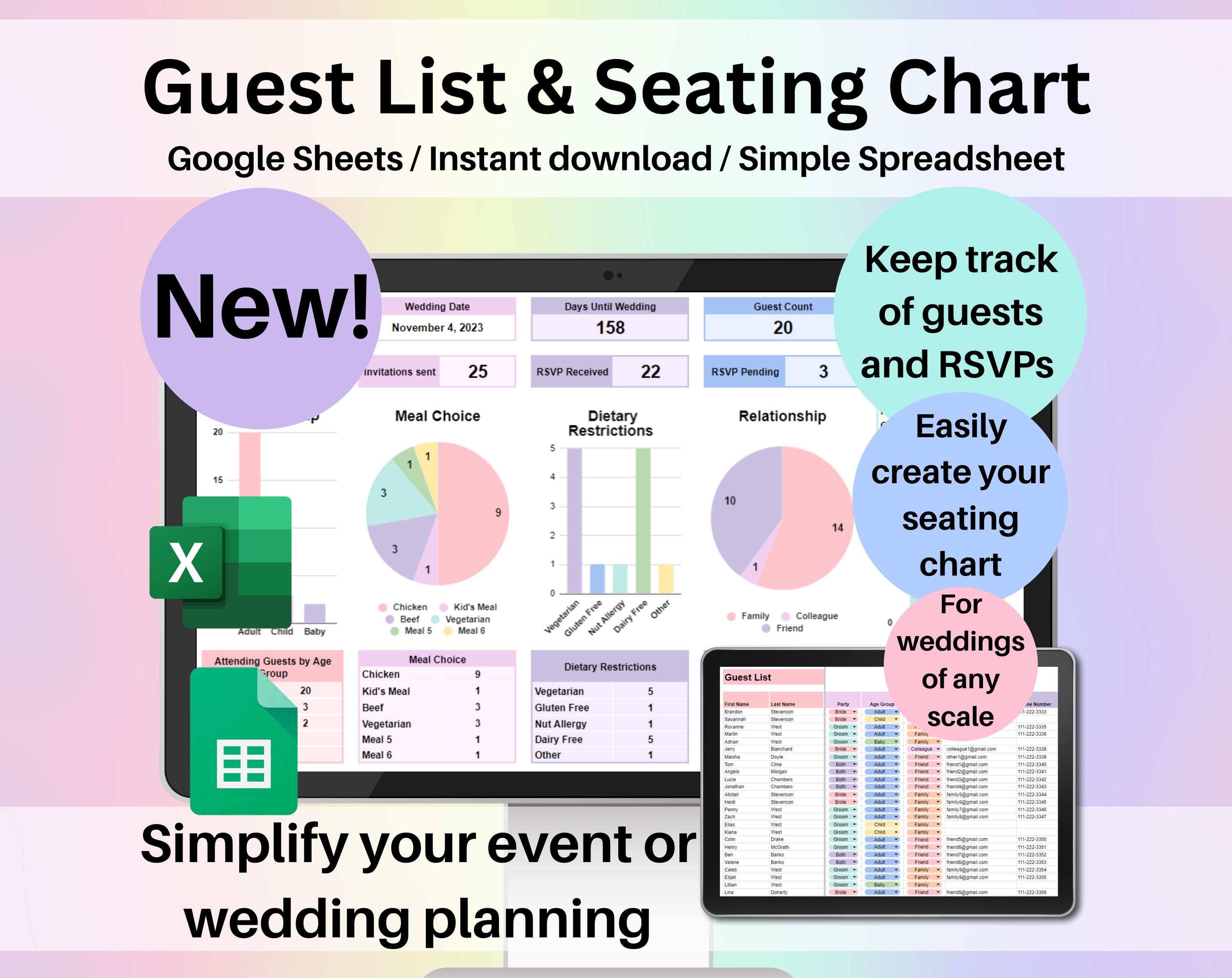 Hoja de cálculo de lista de invitados y plano de asientos para bodas (Hojas  de cálculo de Google y Excel) / Rastreador de RSVP, Panel de invitados,  Plantilla para planificación de bodas -, image size:3000x2382