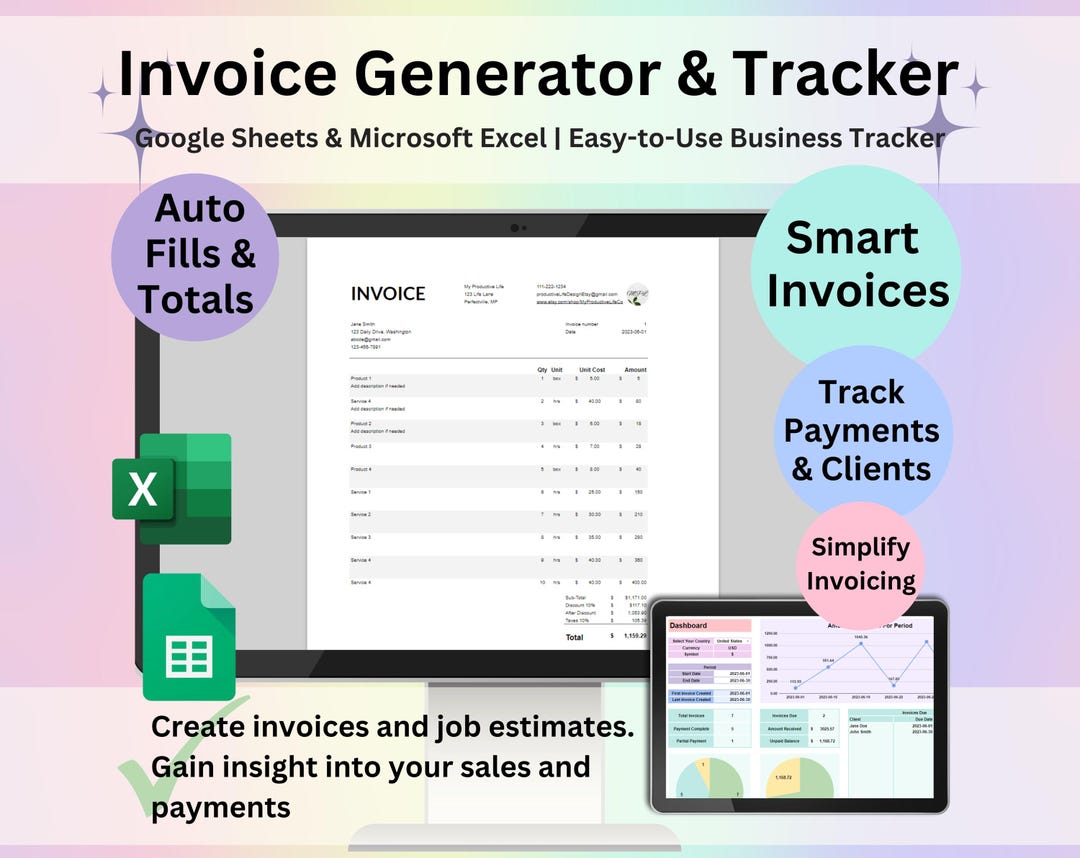 Invoice Generator & Tracker Google Sheets and Excel | Smart Invoice ...