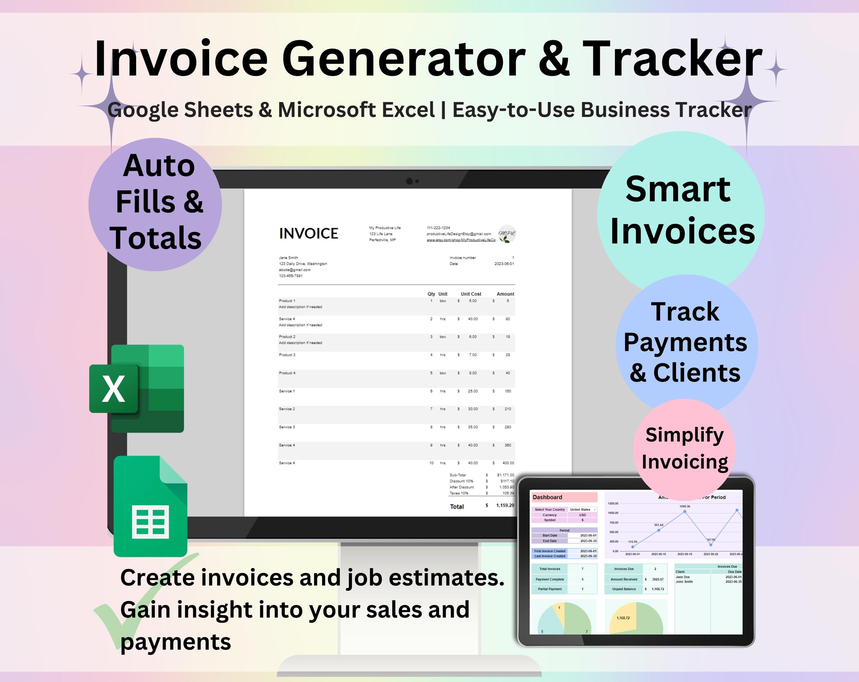 Invoice Generator & Tracker Google Sheets and Excel Smart Invoice Template Small Business Billing Log Spreadsheet Payment Tracker Estimate