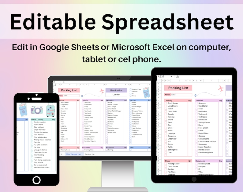 May include: A digital spreadsheet template for packing lists, displayed on a computer and phone screen. The spreadsheet is titled "Packing List" and includes categories for clothing, toiletries, electronics, and documents. The destination is listed as "London".