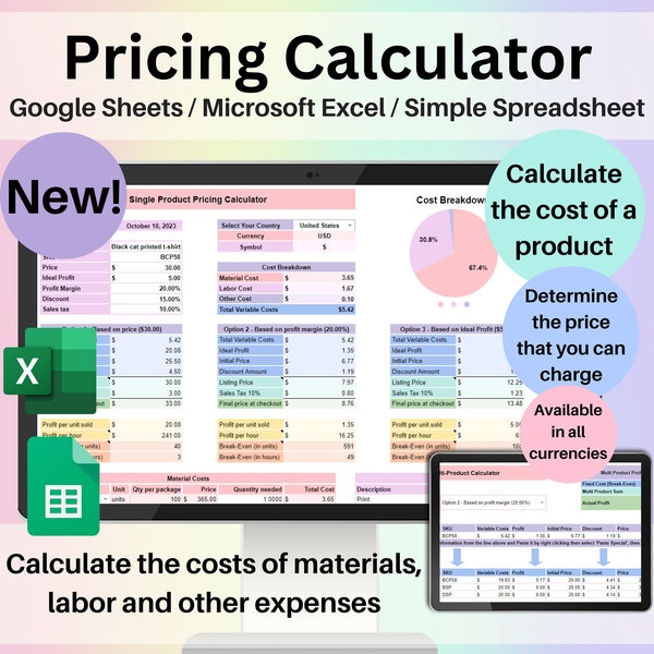 Product Pricing Calculator Google Sheets Excel Template Small Business Spreadsheet Single & Multiple Product Profit Margin Markup Break Even