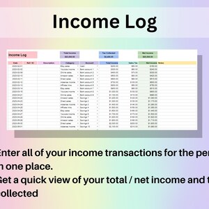 Puede incluir: Una hoja de c&aacute;lculo con un fondo azul claro y una fila de encabezado amarilla. La hoja de c&aacute;lculo se titula "Income Log" e incluye columnas para la fecha, el ID de referencia, la descripci&oacute;n, la categor&iacute;a, la cuenta, el ingreso total, el impuesto recaudado, el impuesto sobre las ventas, el ingreso neto y las notas. La hoja de c&aacute;lculo se utiliza para realizar un seguimiento de las transacciones de ingresos.