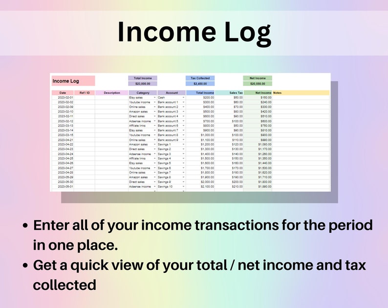 Puede incluir: Una hoja de c&aacute;lculo con un fondo azul claro y una fila de encabezado amarilla. La hoja de c&aacute;lculo se titula "Income Log" e incluye columnas para la fecha, el ID de referencia, la descripci&oacute;n, la categor&iacute;a, la cuenta, el ingreso total, el impuesto recaudado, el impuesto sobre las ventas, el ingreso neto y las notas. La hoja de c&aacute;lculo se utiliza para realizar un seguimiento de las transacciones de ingresos.