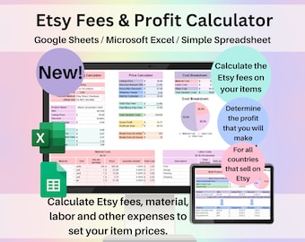 Calculadora de tarifas y ganancias de Etsy Precios de productos Excel Plantilla de Google Sheets Hoja de cálculo automatizada para pequeñas empresas Marcado de un solo elemento múltiple