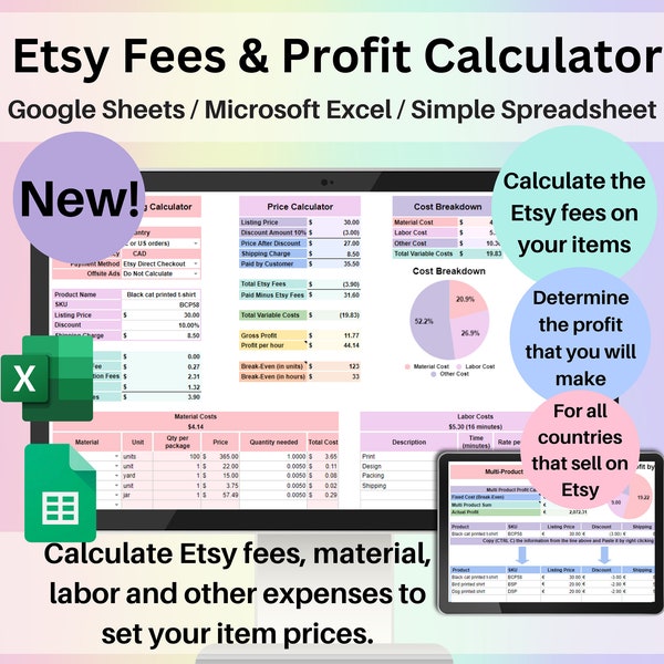 Etsy Gebühren & Gewinnrechner Produktpreise Excel Google Sheets Vorlage Automatisierte Small Business Spreadsheet Single Multiple Item Markup