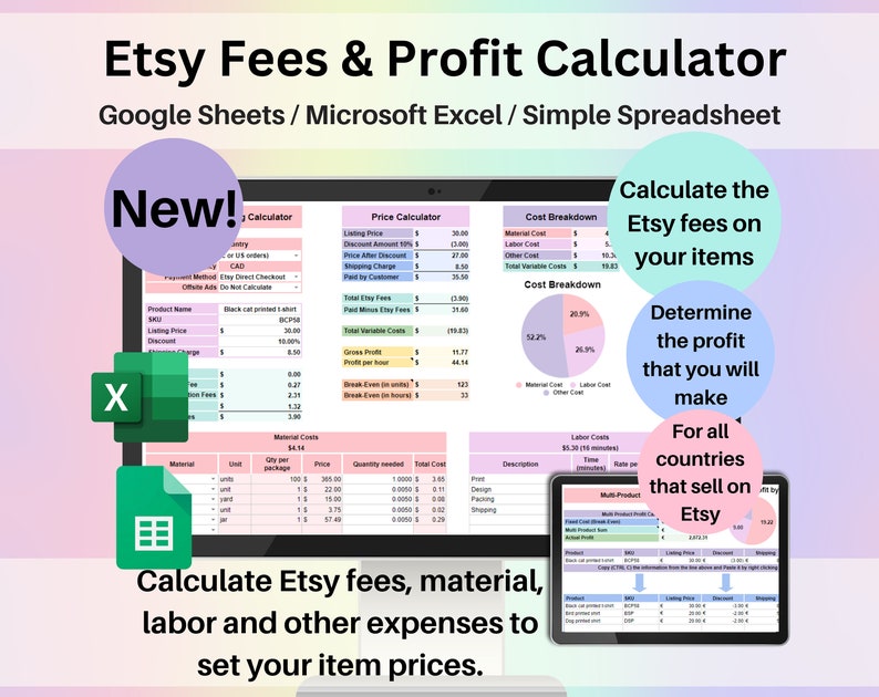 Etsy Fees & Profit Calculator Product Pricing Excel Google Sheets Template Automated Small Business Spreadsheet Single Multiple Item Markup image 1