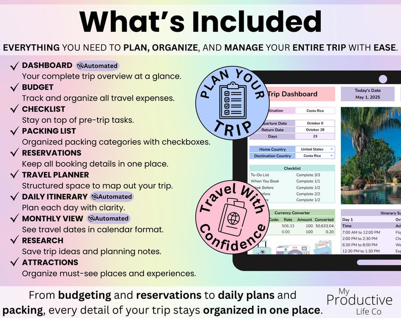 Travel Planner Spreadsheet overview slide showing included tabs: Dashboard, Budget, Checklist, Packing List, Reservations, Travel Planner, Daily Itinerary, Monthly View, Research, and Attractions for complete trip organization.