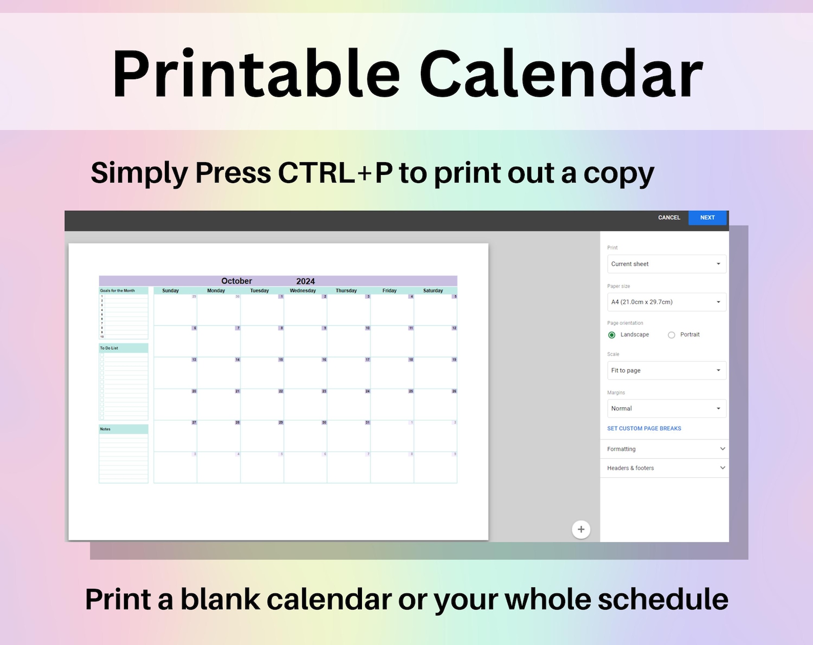 Editable Monthly Calendar Google Sheets Excel Spreadsheet Undated Task ...
