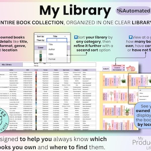 Owned books displayed with sortable dropdown menus and visual shelves that can be organized by location.