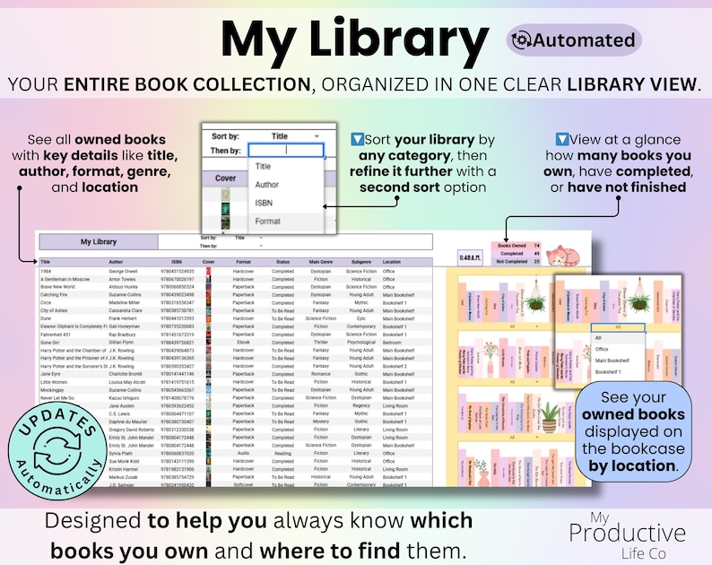 Owned books displayed with sortable dropdown menus and visual shelves that can be organized by location.