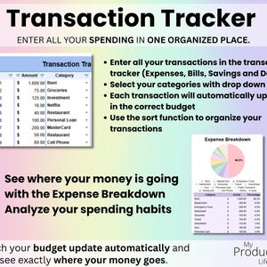 Transaction tracker table for entering income and expenses with automatic category totals.