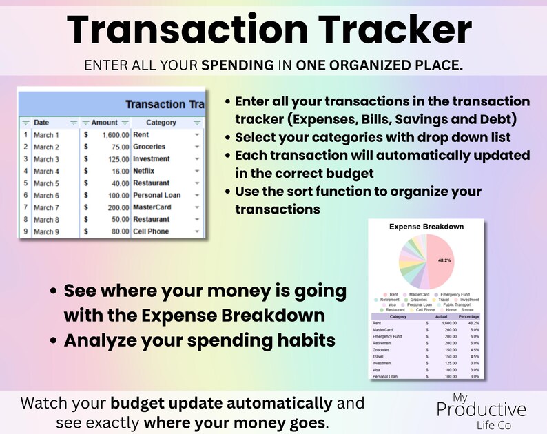 Transaction tracker table for entering income and expenses with automatic category totals.