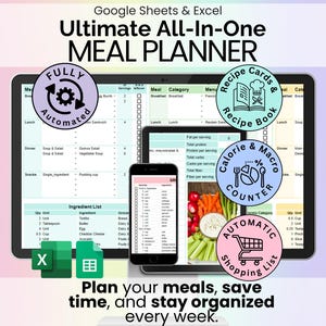 Weekly Meal Planner Spreadsheet | Google Sheets & Excel | Auto Grocery List + Recipe Builder + Pantry + Calorie Tracker | Editable Template