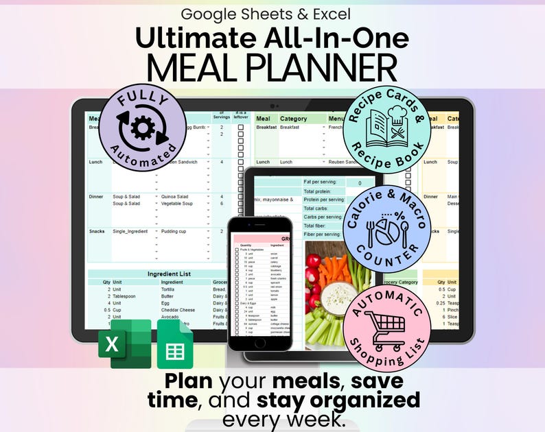 Google Sheets and Excel Ultimate All-in-One Meal Planner with bubbles highlighting automation, recipes, nutrition, and printables.