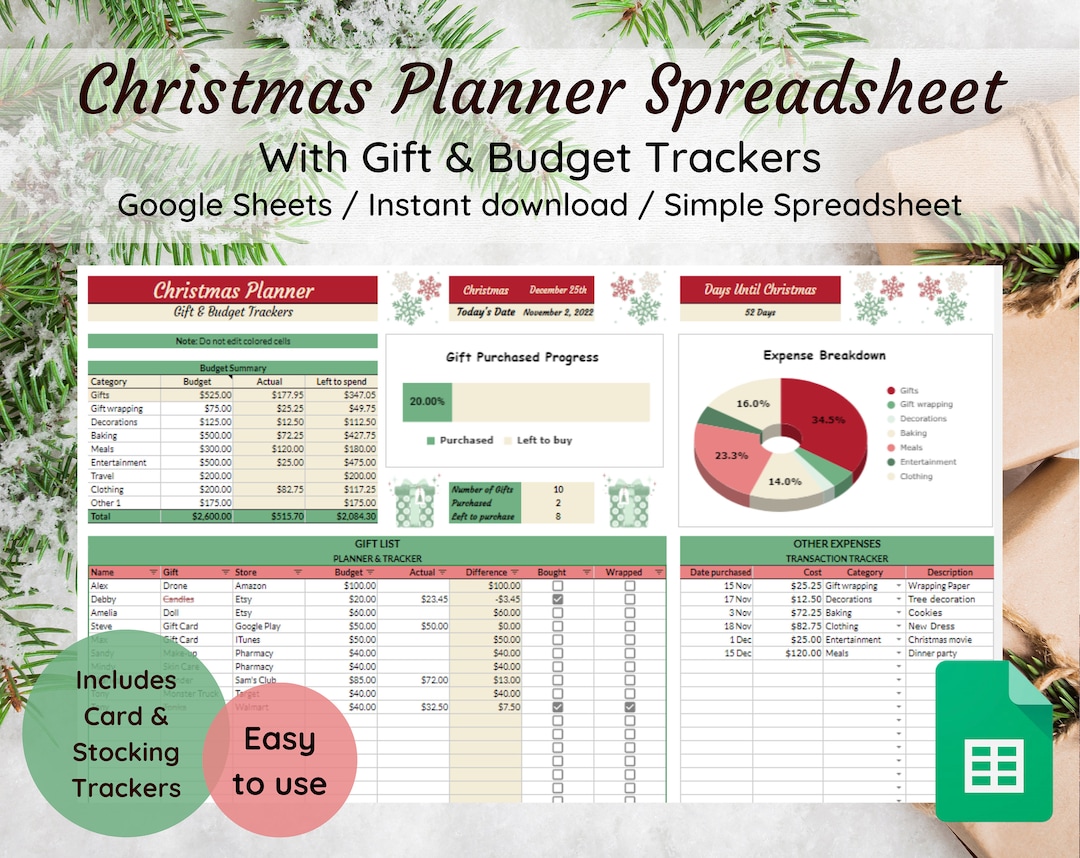 Christmas Planner Budget Spreadsheet Google Sheets Template Etsy Christmas Planner Budget Spreadsheet Google Sheets Template Etsy