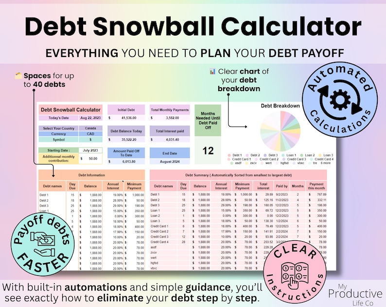 Debt snowball calculator showing balances, payments, and payoff progress over time.
