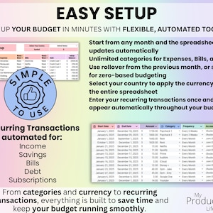 Setup and recurring transactions tab in annual budget spreadsheet where users customize categories and enter bills or payments once to repeat automatically.