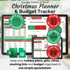Planificador y presupuesto navideño (hoja de cálculo de Google Sheets, plantilla de Excel), registro digital de regalos, organizador de tarjetas de gastos navideños, calendario.